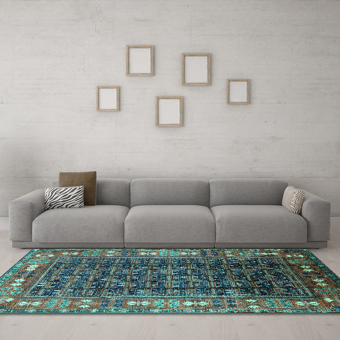 Machine Washable Oriental Turquoise Industrial Area Rugs in a Living Room,, wshurb1367turq