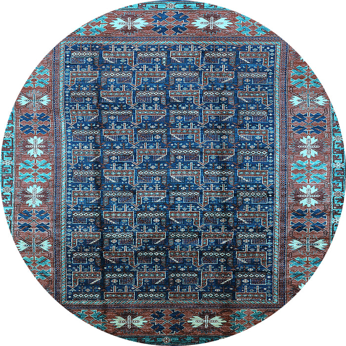 Round Machine Washable Oriental Light Blue Industrial Rug, wshurb1367lblu