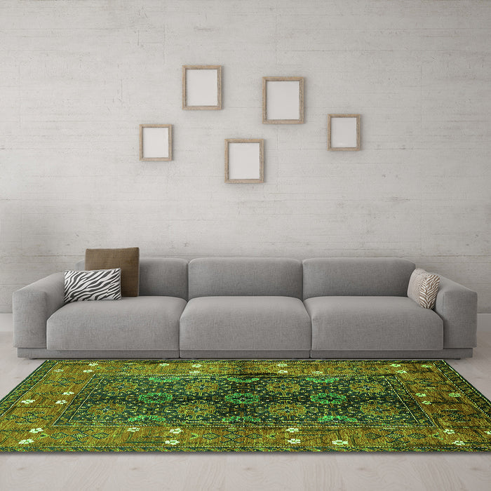 Machine Washable Oriental Green Industrial Area Rugs in a Living Room,, wshurb1368grn