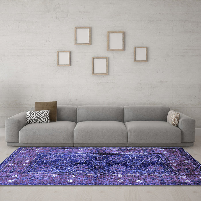 Machine Washable Oriental Blue Industrial Rug in a Living Room, wshurb1368blu