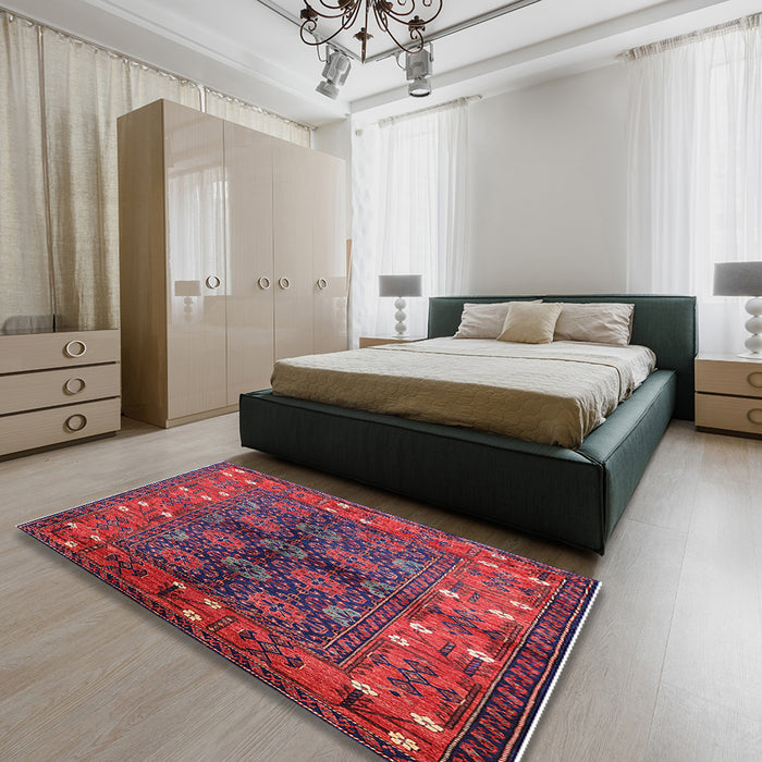Mid-Century Modern Red Oriental Rug in a Bedroom, urb1368
