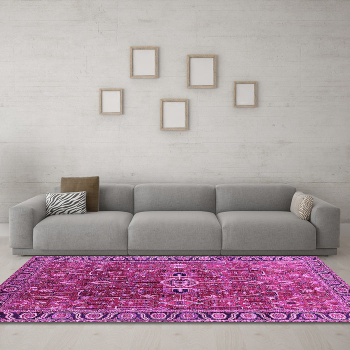 Machine Washable Oriental Pink Traditional Rug in a Living Room, wshurb1369pnk