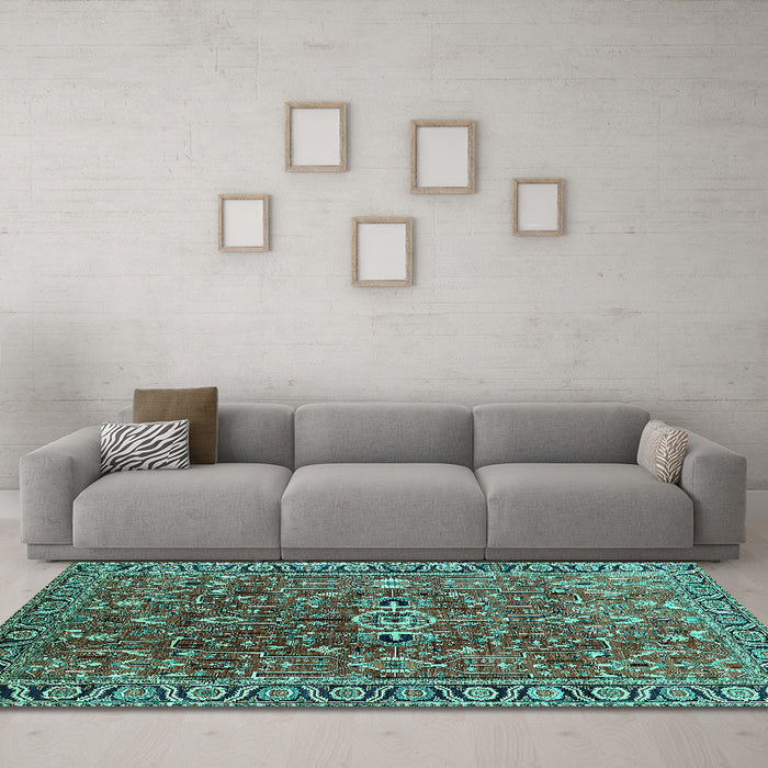 Machine Washable Oriental Turquoise Traditional Area Rugs in a Living Room,, wshurb1369turq