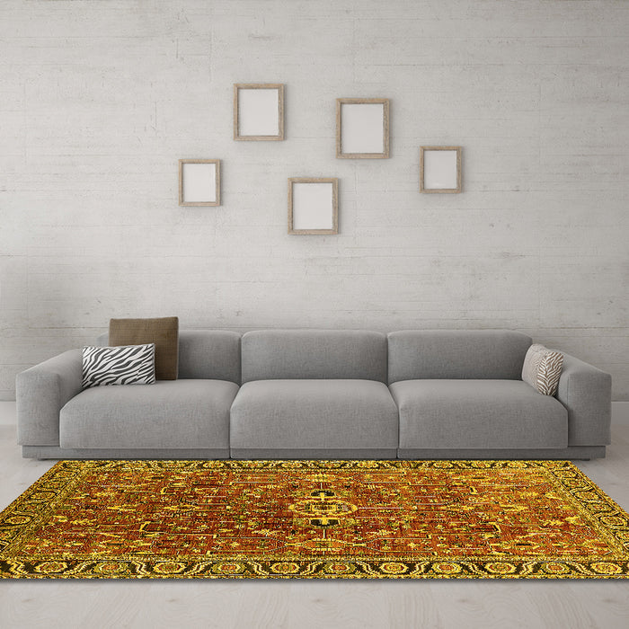 Machine Washable Oriental Yellow Traditional Rug in a Living Room, wshurb1369yw
