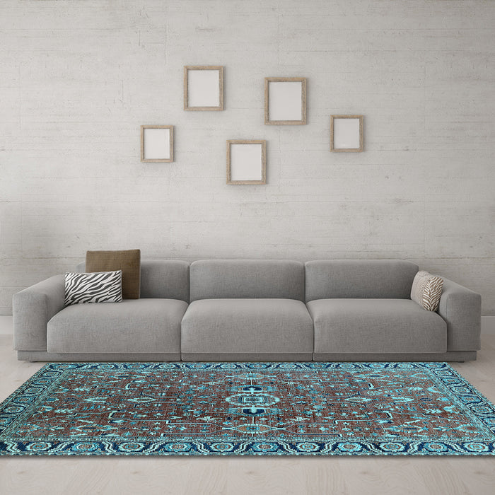 Machine Washable Oriental Light Blue Traditional Rug in a Living Room, wshurb1369lblu
