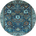 Round Machine Washable Oriental Light Blue Traditional Rug, wshurb1370lblu