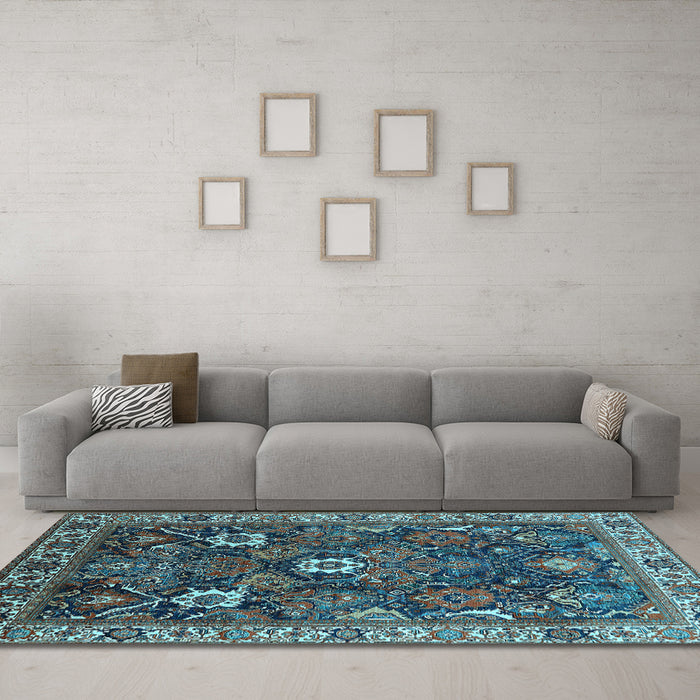 Machine Washable Oriental Light Blue Traditional Rug in a Living Room, wshurb1370lblu
