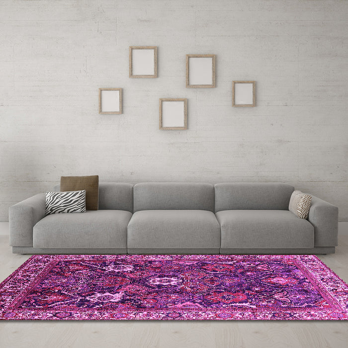 Machine Washable Oriental Pink Traditional Rug in a Living Room, wshurb1370pnk