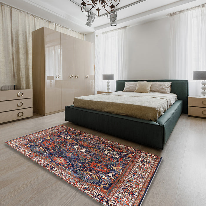 Mid-Century Modern Pink Oriental Rug in a Bedroom, urb1370
