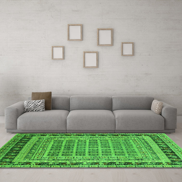 Machine Washable Oriental Green Industrial Area Rugs in a Living Room,, wshurb1371grn