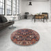 Round Mid-Century Modern Camel Brown Oriental Rug in a Office, urb1372