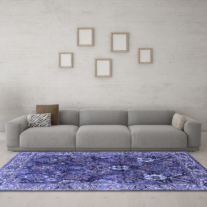 Machine Washable Oriental Blue Industrial Rug in a Living Room, wshurb1372blu