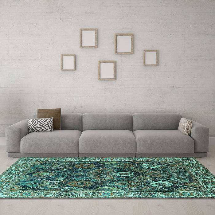 Machine Washable Oriental Turquoise Industrial Area Rugs in a Living Room,, wshurb1372turq