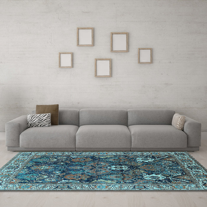 Machine Washable Oriental Light Blue Industrial Rug in a Living Room, wshurb1372lblu