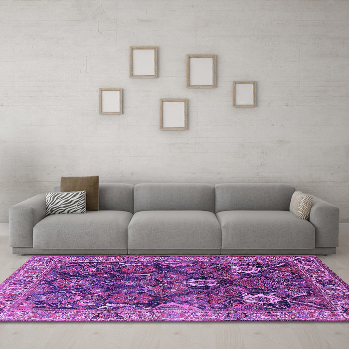 Machine Washable Oriental Purple Industrial Area Rugs in a Living Room, wshurb1372pur