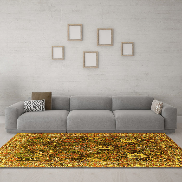 Machine Washable Oriental Yellow Industrial Rug in a Living Room, wshurb1372yw