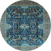 Round Machine Washable Oriental Light Blue Industrial Rug, wshurb1373lblu