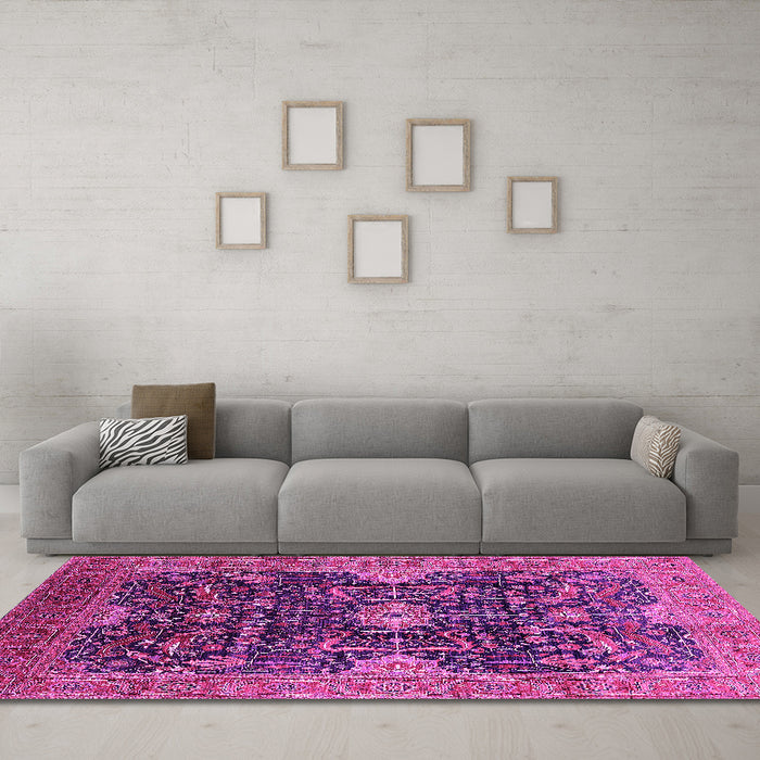 Machine Washable Oriental Pink Industrial Rug in a Living Room, wshurb1373pnk