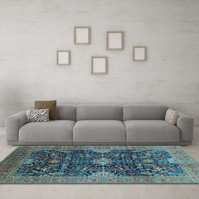 Machine Washable Oriental Light Blue Industrial Rug in a Living Room, wshurb1373lblu