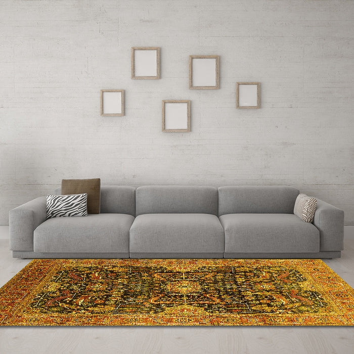 Machine Washable Oriental Yellow Industrial Rug in a Living Room, wshurb1373yw