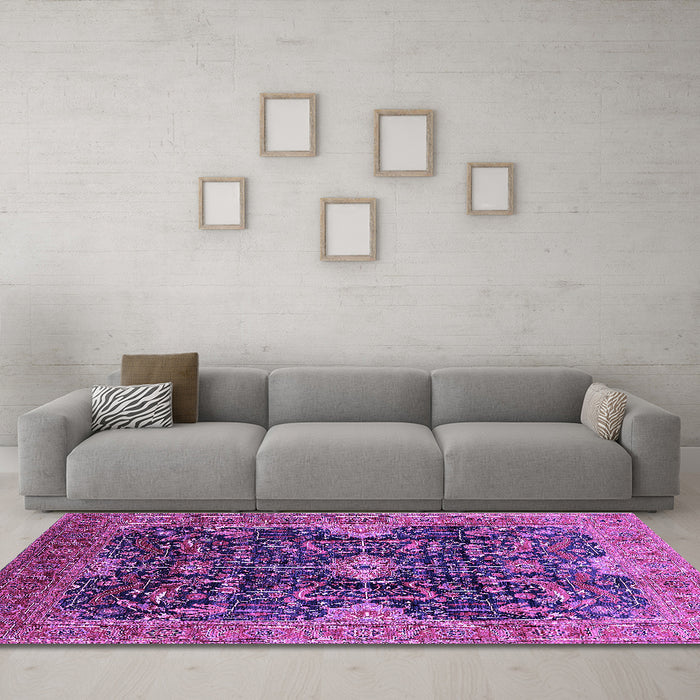 Machine Washable Oriental Purple Industrial Area Rugs in a Living Room, wshurb1373pur