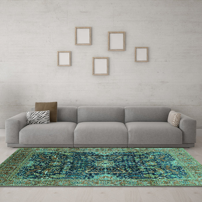 Machine Washable Oriental Turquoise Industrial Area Rugs in a Living Room,, wshurb1373turq