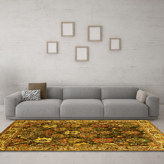 Machine Washable Oriental Yellow Traditional Rug in a Living Room, wshurb1374yw
