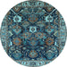 Round Machine Washable Oriental Light Blue Traditional Rug, wshurb1374lblu