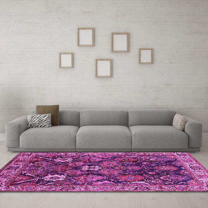 Machine Washable Oriental Pink Traditional Rug in a Living Room, wshurb1374pnk
