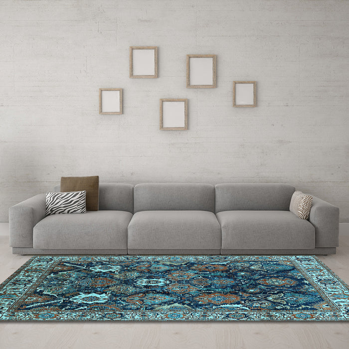 Machine Washable Oriental Light Blue Traditional Rug in a Living Room, wshurb1374lblu