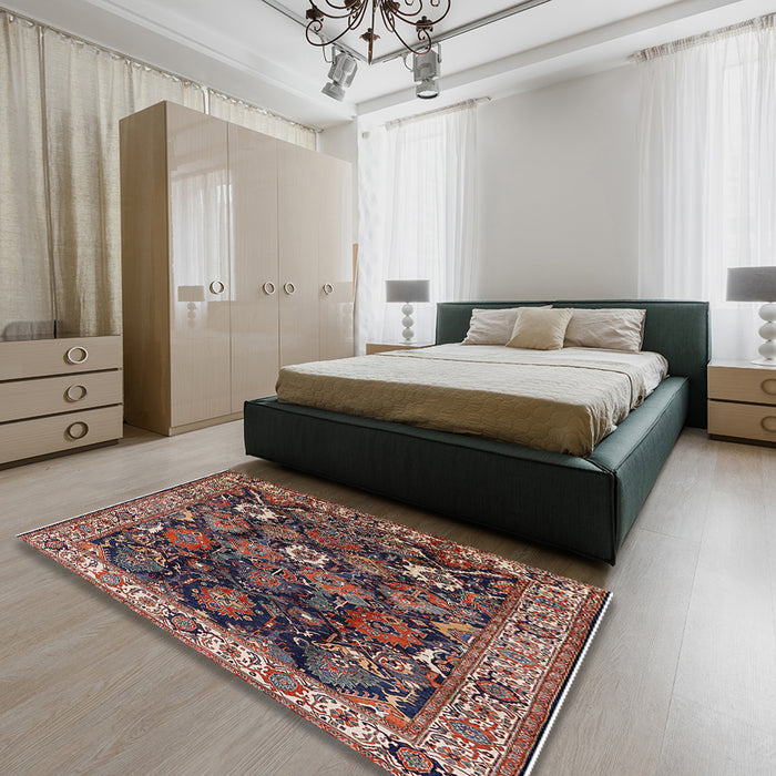 Mid-Century Modern Camel Brown Oriental Rug in a Bedroom, urb1374