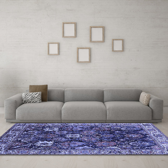 Machine Washable Oriental Blue Traditional Rug in a Living Room, wshurb1374blu