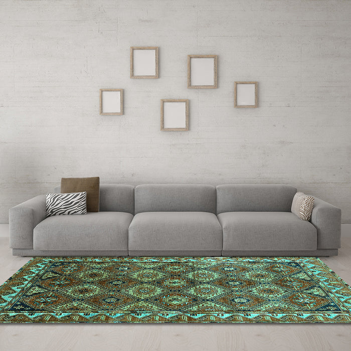 Machine Washable Oriental Turquoise Industrial Area Rugs in a Living Room,, wshurb1375turq