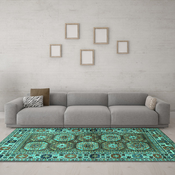 Machine Washable Oriental Turquoise Industrial Area Rugs in a Living Room,, wshurb1376turq