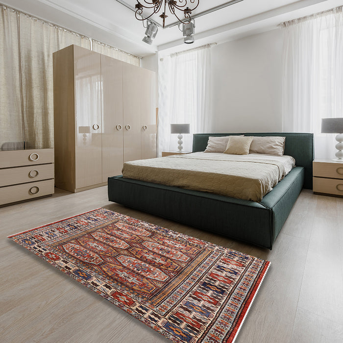 Mid-Century Modern Camel Brown Oriental Rug in a Bedroom, urb1376