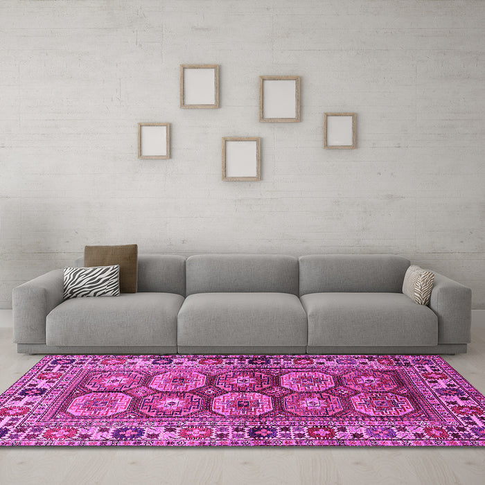 Machine Washable Oriental Pink Industrial Rug in a Living Room, wshurb1376pnk