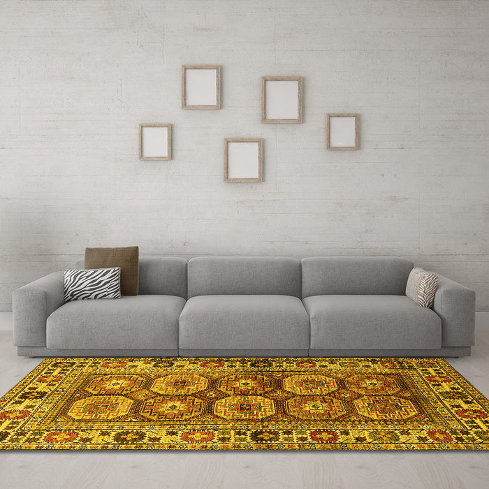 Machine Washable Oriental Yellow Industrial Rug in a Living Room, wshurb1376yw