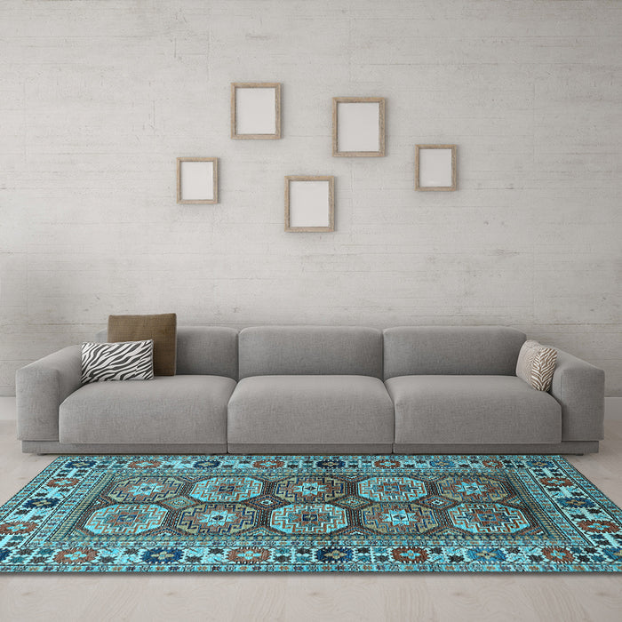 Machine Washable Oriental Light Blue Industrial Rug in a Living Room, wshurb1376lblu