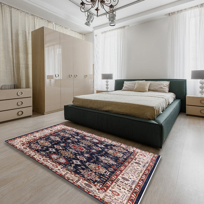 Mid-Century Modern Purple Lily Purple Oriental Rug in a Bedroom, urb1377
