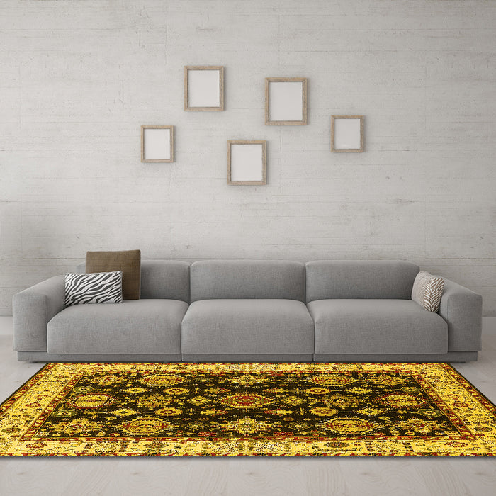 Machine Washable Oriental Yellow Industrial Rug in a Living Room, wshurb1377yw