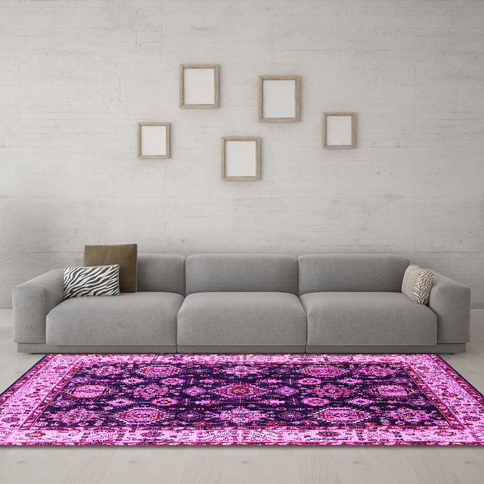 Machine Washable Oriental Pink Industrial Rug in a Living Room, wshurb1377pnk