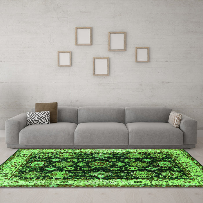 Machine Washable Oriental Green Industrial Area Rugs in a Living Room,, wshurb1377grn