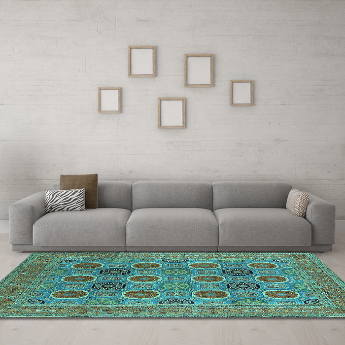 Machine Washable Oriental Turquoise Traditional Area Rugs in a Living Room,, wshurb1378turq