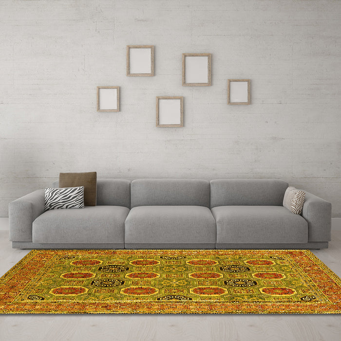 Machine Washable Oriental Yellow Traditional Rug in a Living Room, wshurb1378yw