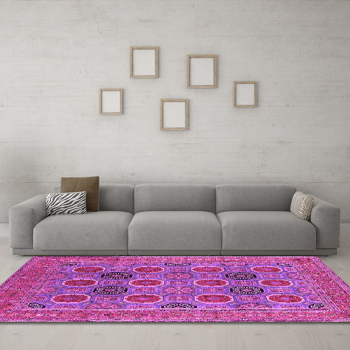 Machine Washable Oriental Pink Traditional Rug in a Living Room, wshurb1378pnk