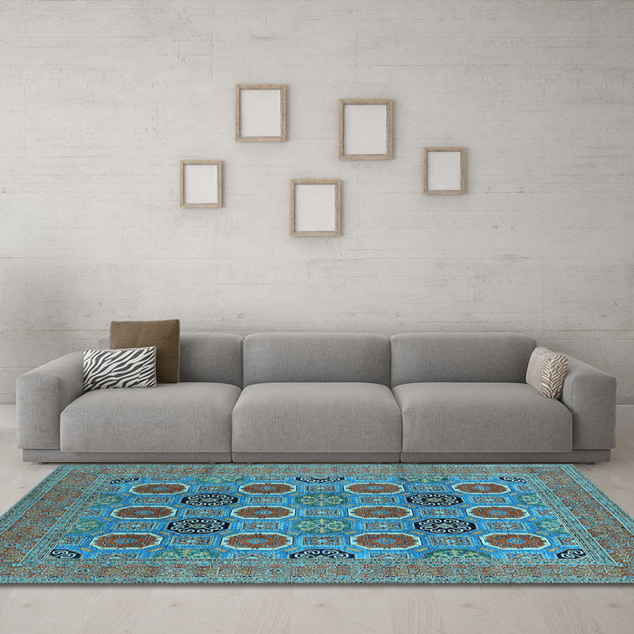 Machine Washable Oriental Light Blue Traditional Rug in a Living Room, wshurb1378lblu