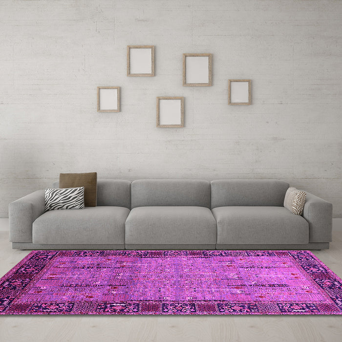 Machine Washable Oriental Pink Traditional Rug in a Living Room, wshurb1379pnk