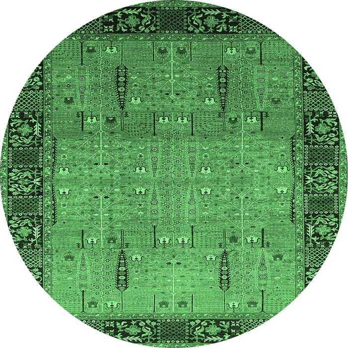 Round Machine Washable Oriental Emerald Green Traditional Area Rugs, wshurb1379emgrn