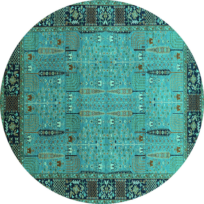 Round Machine Washable Oriental Turquoise Traditional Area Rugs, wshurb1379turq