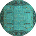 Round Machine Washable Oriental Turquoise Traditional Area Rugs, wshurb1379turq